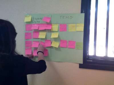 Mujer joven colocando Cartulina con post-its